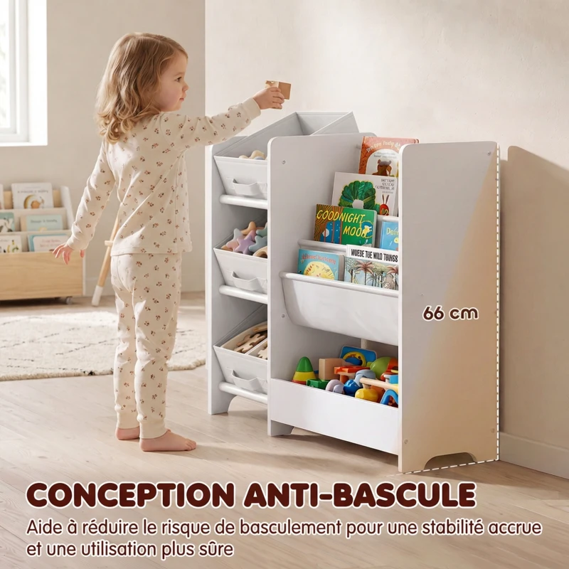 AIYAPLAY Meuble Rangement Enfant à 3 Niveaux avec 4 Porte-livres, 3 Bacs en Tissu et Compartiment, 64,5 x 30 x 66 cm, Blanc