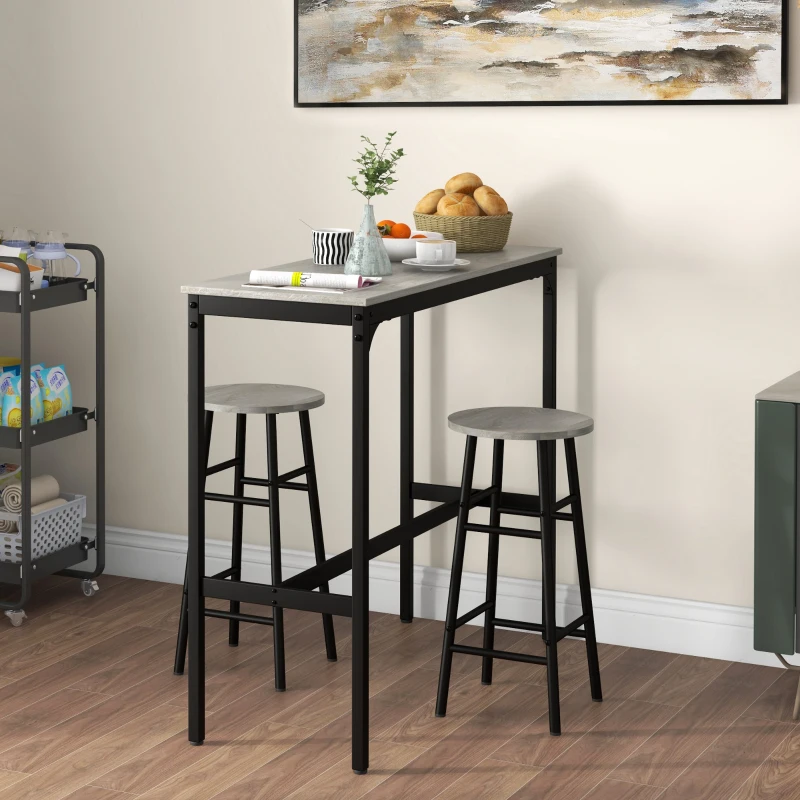 HOMCOM Ensemble table haute de bar + 2 tabourets structure en acier plateau aspect effet bois gris 2 personnes noir