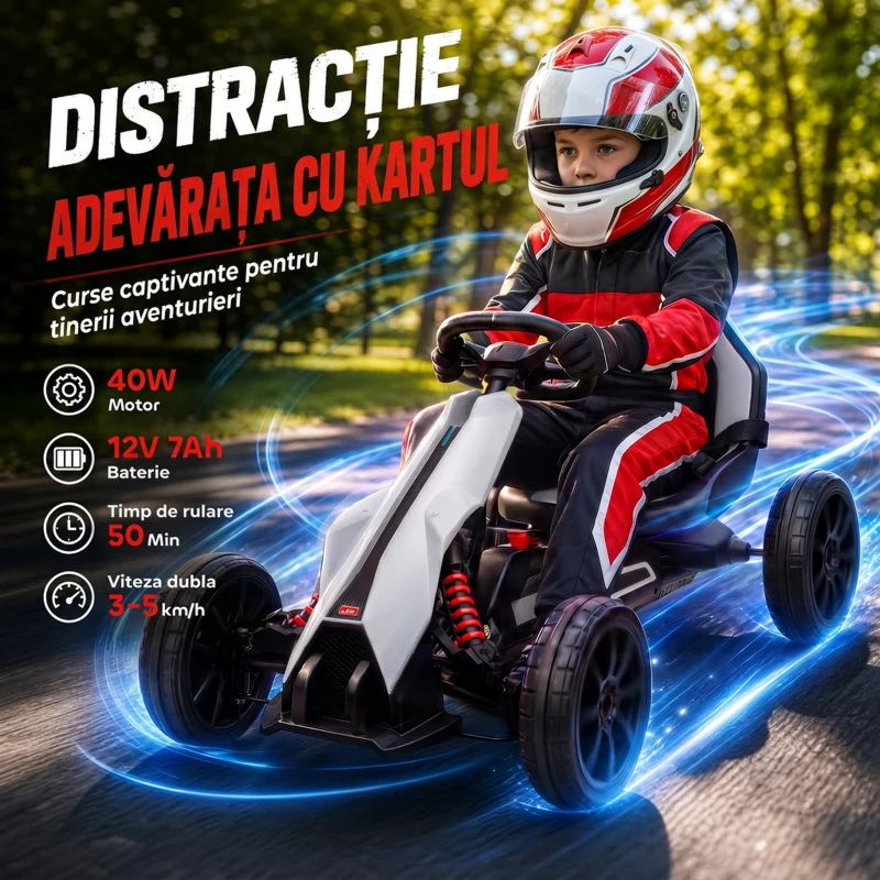 HOMCOM Go-Kart Electric Pentru Copii 3-8 Ani, 3-5 Km/h, Alb