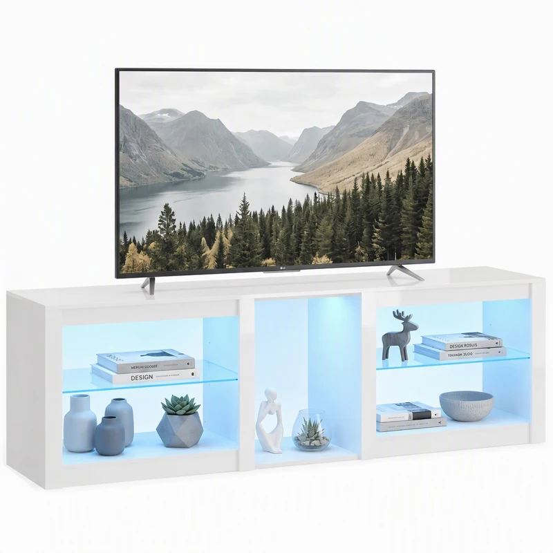 HOMCOM TV-Lowboard mit RGB-LED-Beleuchtung, Modernes TV-Möbel mit verstellbaren Glasböden, für Fernseher bis 75 Zoll, Weiß