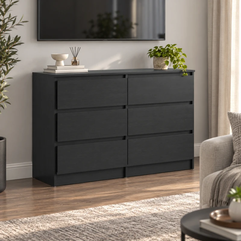 HOMCOM Commode Chambre Adulte, Chiffonnier 6 Tiroirs, Commode Vêtement, Meuble de Rangement Contemporain pour Salon, Noir
