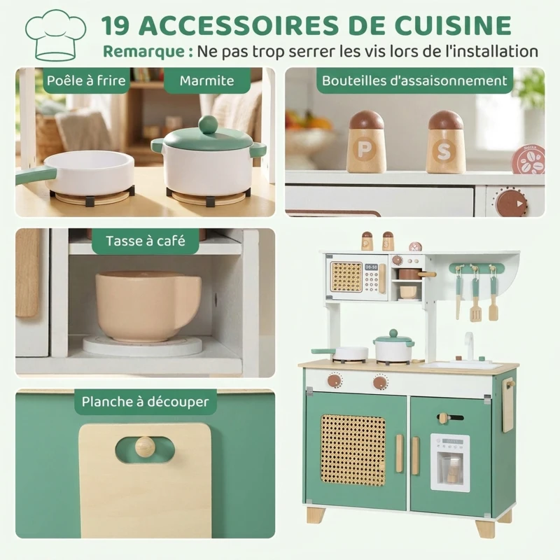 AIYAPLAY Cuisine Enfant en Bois 19 Accessoires, Cafetière, Machine à Glaçons, Micro-Ondes, Placard, 3-6 Ans, 61x27x79,7cm, Vert