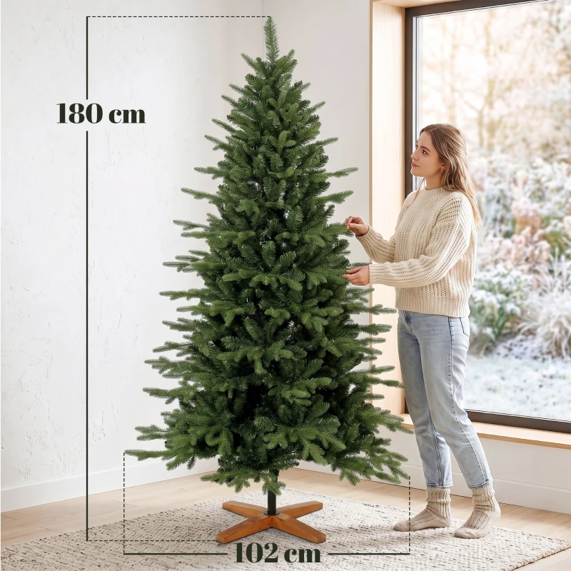 HOMCOM Kunstkerstboom 180 cm met inklapbare houten standaard, 1438 takpunten, groen