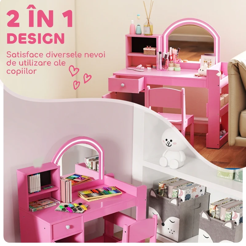 AIYAPLAY Set Măsuță de Machiaj pentru Copii 3-8 Ani 2 în 1 cu Oglindă și Scaun, Roz