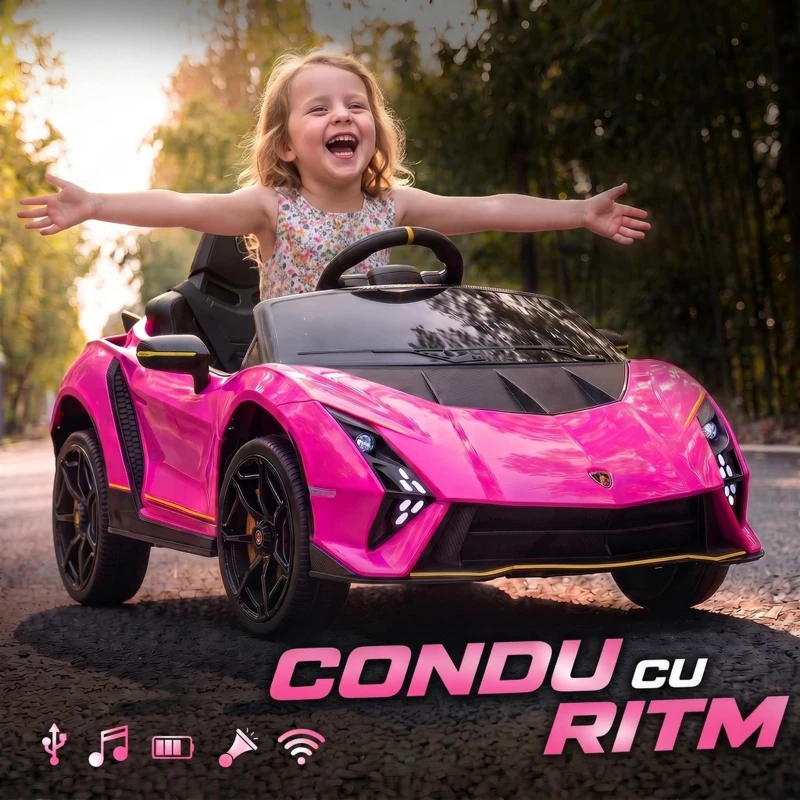 AIYAPLAY Mașină Electrică pentru Copii 3-6 Ani 12V Lamborghini Autentica, 2 Motoare, Uși Tip Foarfecă, Suspensii, Roz