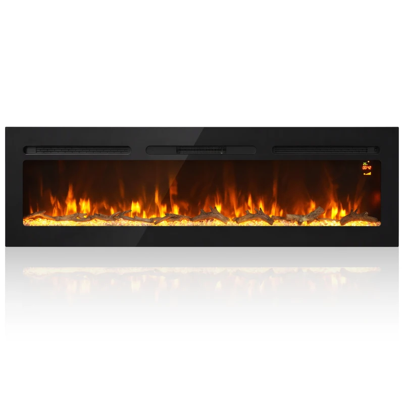 HOMCOM Camino Elettrico da Incasso o Parete 1500W, Timer, Fiamma Regolabile e Telecomando, Nero