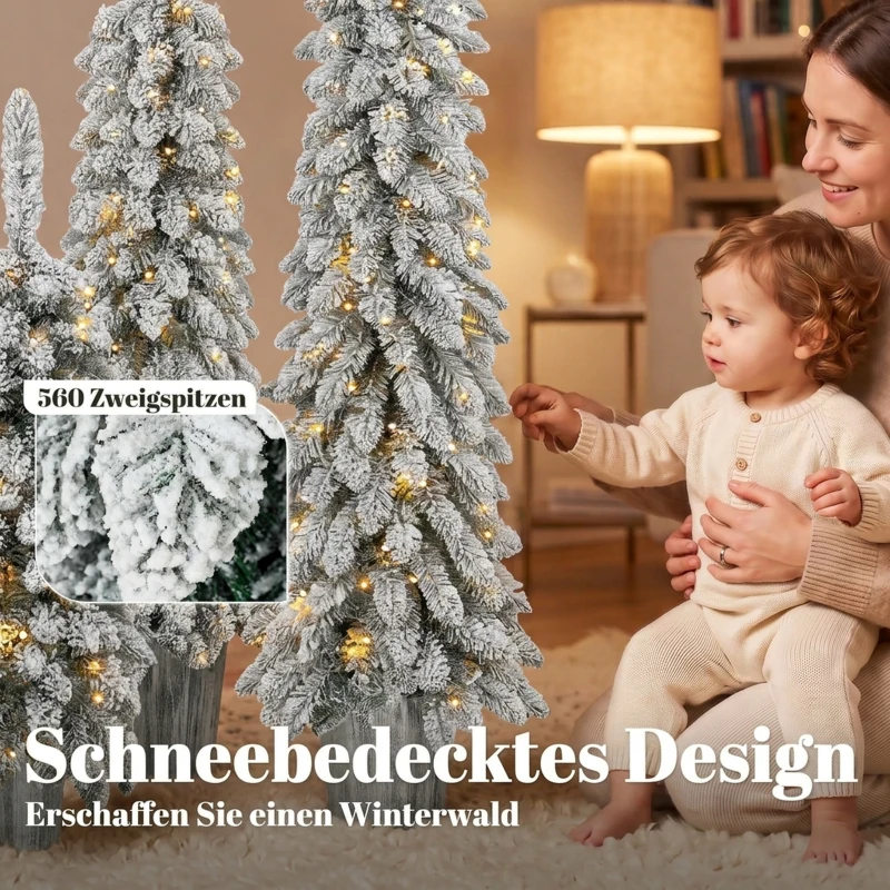 HOMCOM 3er-Set beschneite künstliche Weihnachtsbäume, vorbeleuchtet mit PVC-Zweigspitzen und warmweißen LED-Lichtern