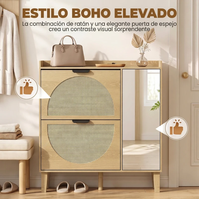 HOMCOM Zapatero Estrecho Bohemio con Espejo 2 Puertas de Ratán Armario 10 Pares Estantes Ajustables 94,5x24x96,5 cm Roble