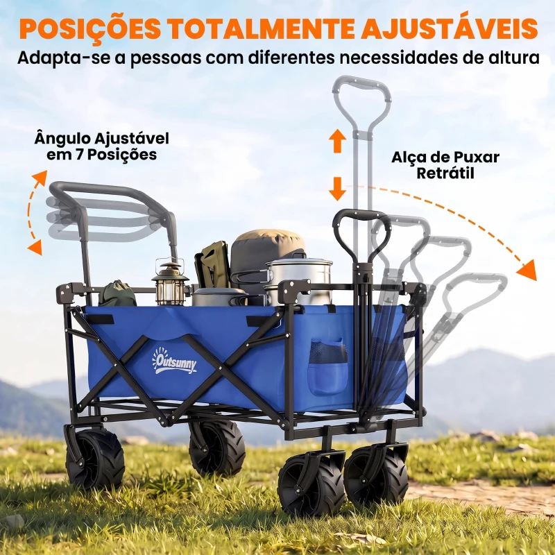 Outsunny Carrinho de Transporte Dobrável para Praia Campismo Viajem com Toldo Guiador Rodas Altura Ajustável 117x55x98 cm Azul