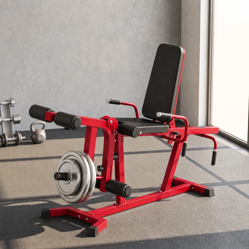 SPORTNOW Machine d'Extension de Jambe 3 en 1 Charge 300 kg, Dossiers et Positions Réglables, Disques Libres, 163x58x118cm, Rouge