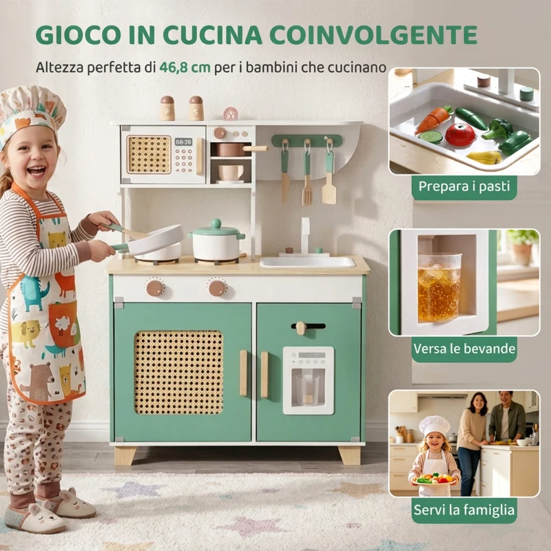 AIYAPLAY Cucina Giocattolo per Bambini in Legno con Accessori, Fornelli, Macchina del Caffè, Armadietto, 3-6 Anni, Verde