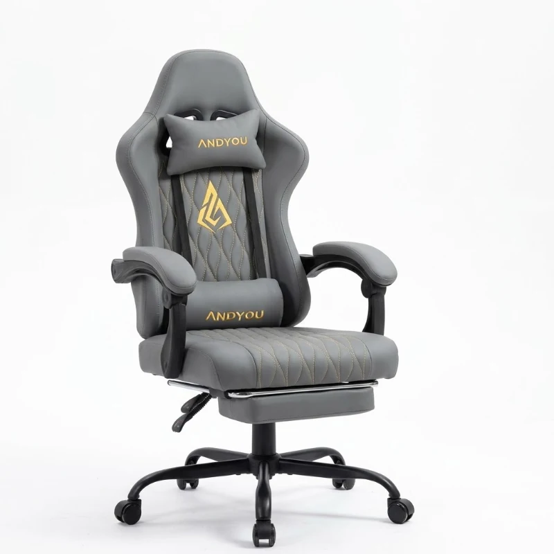 Sedia gaming con poggiapiedi, morbido cuscino per collo e lombare, cuscini di supporto rimovibili, 60x60x122 cm, Grigio