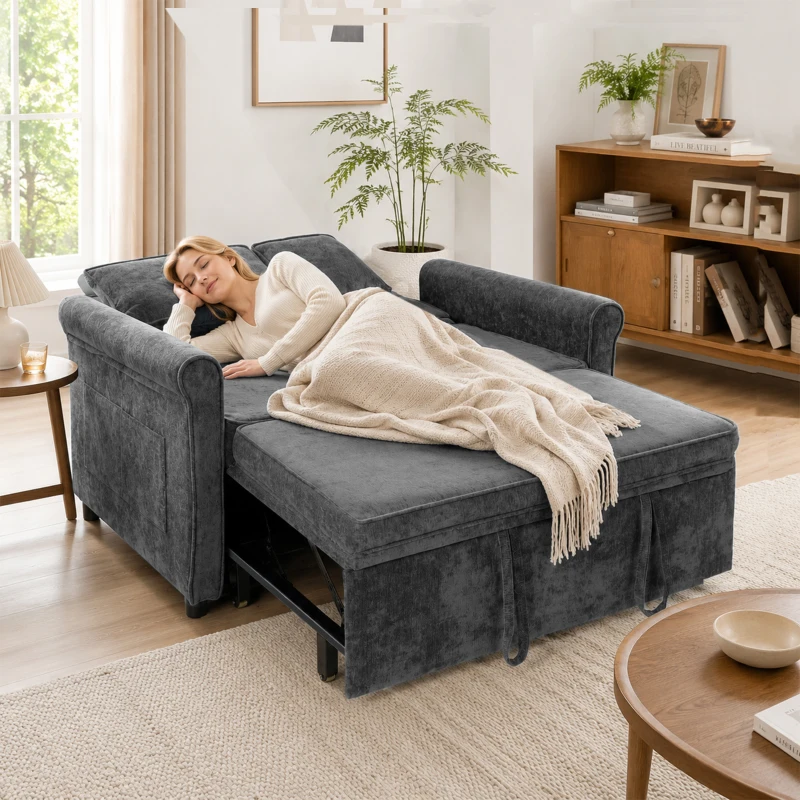HOMCOM 2 Seater Sofa Bed 3-in-1 Convertible Chenille Pull Out Sleeper Sofa with 5-Position Adjustable Backrest, Grey