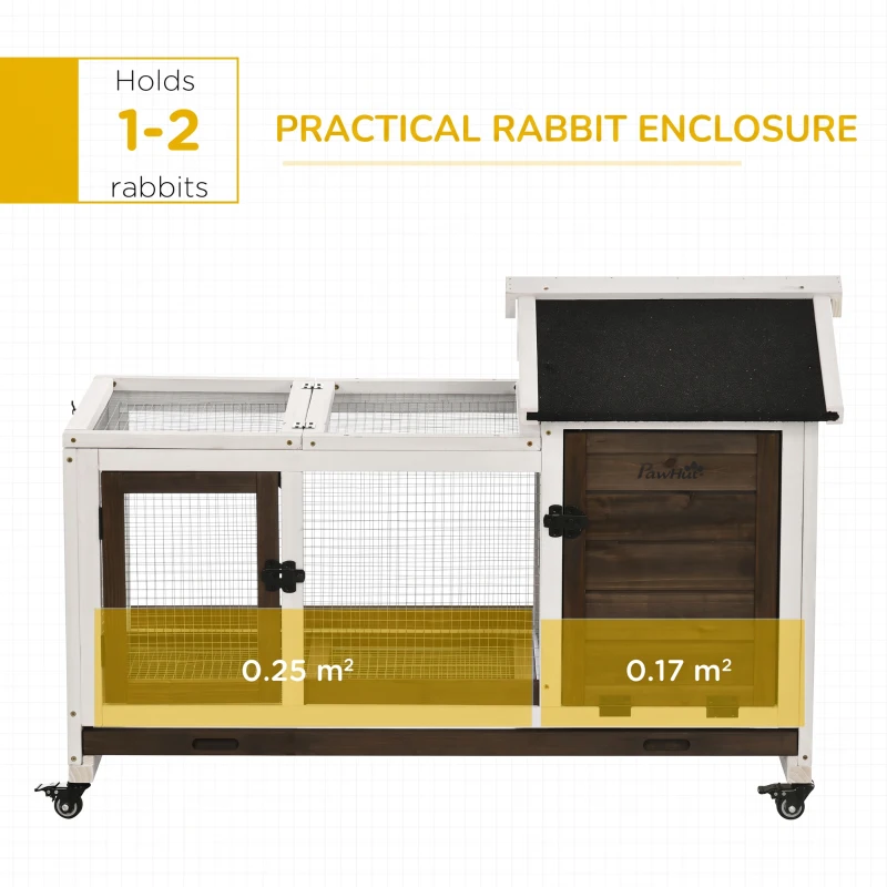 PawHut Wooden Rabbit Hutch, Guinea Pig Cage, with Removable Tray, Wheels - Brown