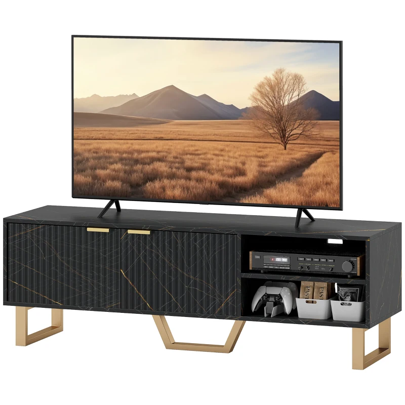 HOMCOM Marble Effect TV Unit, Modern TV Stand Cabinet for up to 70" TVs, with Shelves and Storage Cupboard, Fluted Door, Extra Centre Leg, Cable Management for Living Room, Black