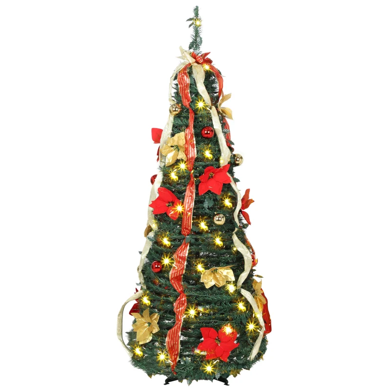 HOMCOM Árvore de Natal Desdobrável 150 cm com 70 Luzes LED, 11 Modos, Comando à Distância e Decoração Incluída, Verde