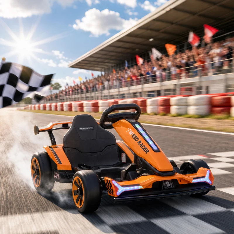 AIYAPLAY Kart Électrique pour Enfants 12 V, Go Kart, 2 Moteurs, Siège Réglable, Batterie au Lithium, Démarrage Progressif, Orange