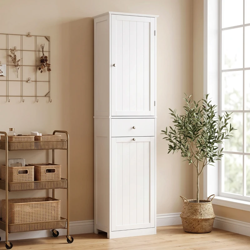 HOMCOM Móvel Coluna 180 cm com Cesto de Roupa Basculante, Branco
