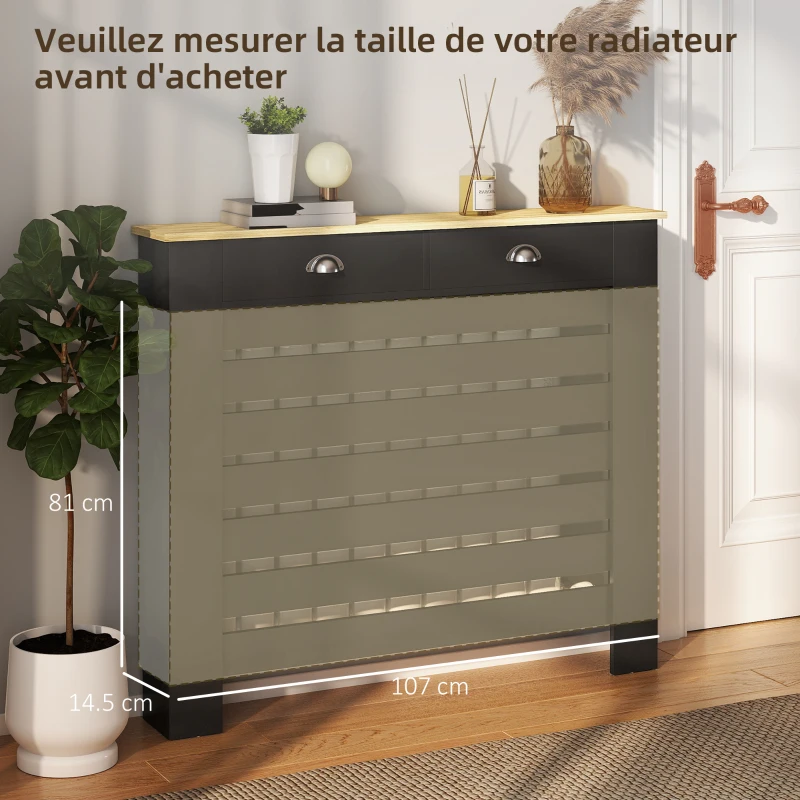 HOMCOM Couvercle de Radiateur, Cache-Radiateur, Grille à Lattes Horizontales avec 2 Tiroirs en Bois, 111 x 19 x 95,5 cm, Noir