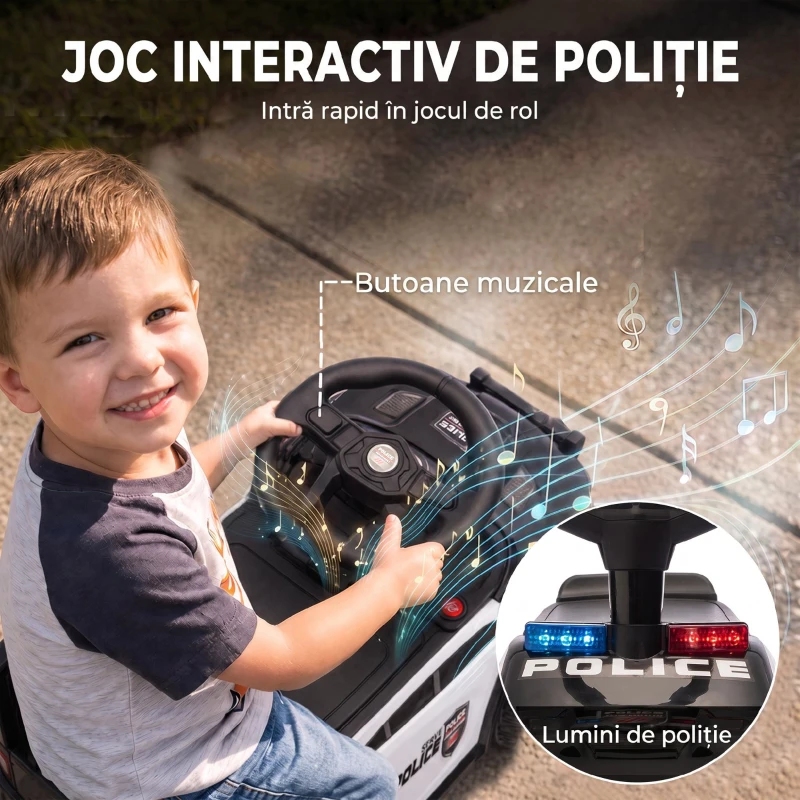 AIYAPLAY Mașinuță Ride-on Copii 18-36 Luni, Model Poliție, Muzică, Spațiu Sub Scaun, Negru