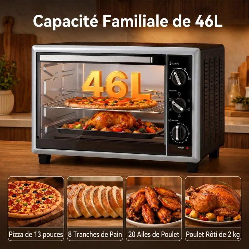 HOMCOM Mini-Four Électrique avec Broche Rotative 46L 1800W, Four à Convection Multifonction, Chaleur Tournante, Minuterie, Noir