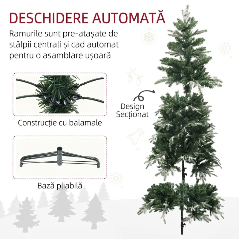 HOMCOM Brad de Crăciun înzăpezit cu 850 de ramuri și design pe secțiuni, din plastic și oțel, Ø110x180 cm, verde