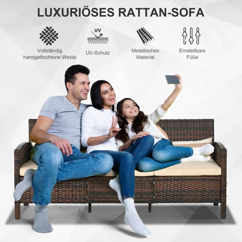 Outsunny Rattan Sofa mit Kissen, Dreisitzer, Garten Loungesofa, Stahl, Braun, 173 x 68 x 78 cm
