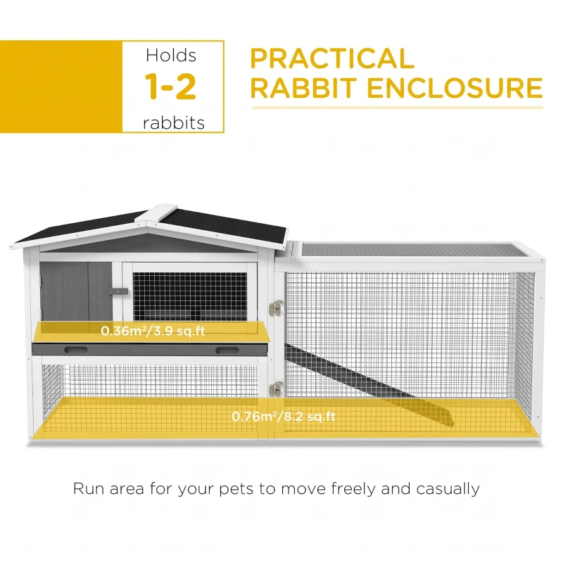 PawHut Rabbit Hutch with Run Wooden Guinea Pig Hutch Outdoor Bunny Cage Hide House with Sliding Tray, Hay Rack, Ramp, 156 x 58 x 68cm, Grey