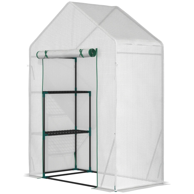 Outsunny Serre de Jardin PE avec Étagères 2 Niveaux, Bâche Renforcée 140 g/m², Porte Zippée Enroulable, 143x73x195cm, Blanc
