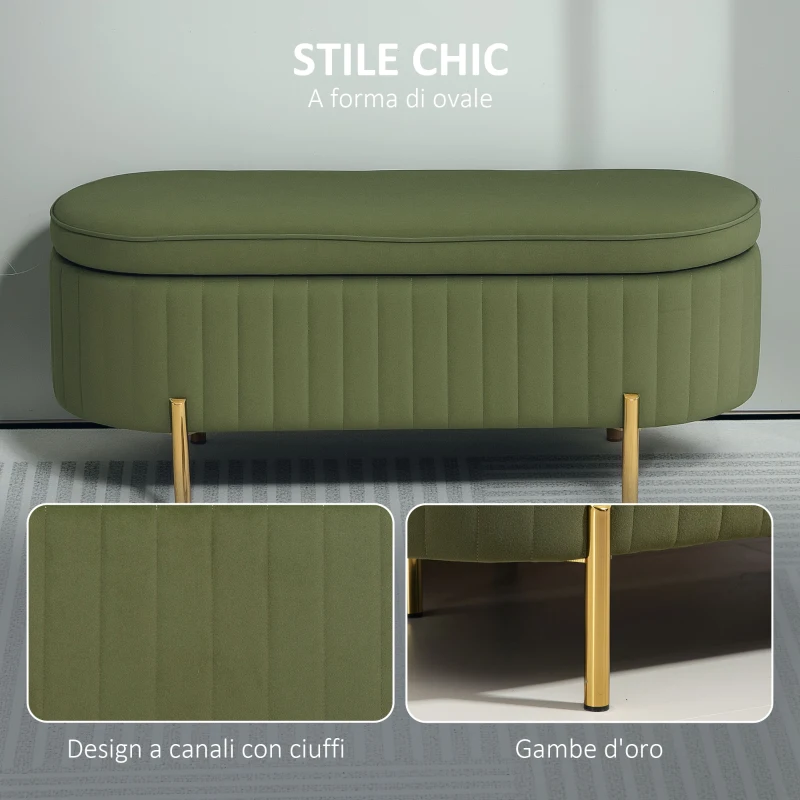 HOMCOM Panca Contenitore Ovale da 72L con Coperchio Sollevabile, in Tessuto Effetto Velluto e Legno, 107x42x45.5 cm, Verde