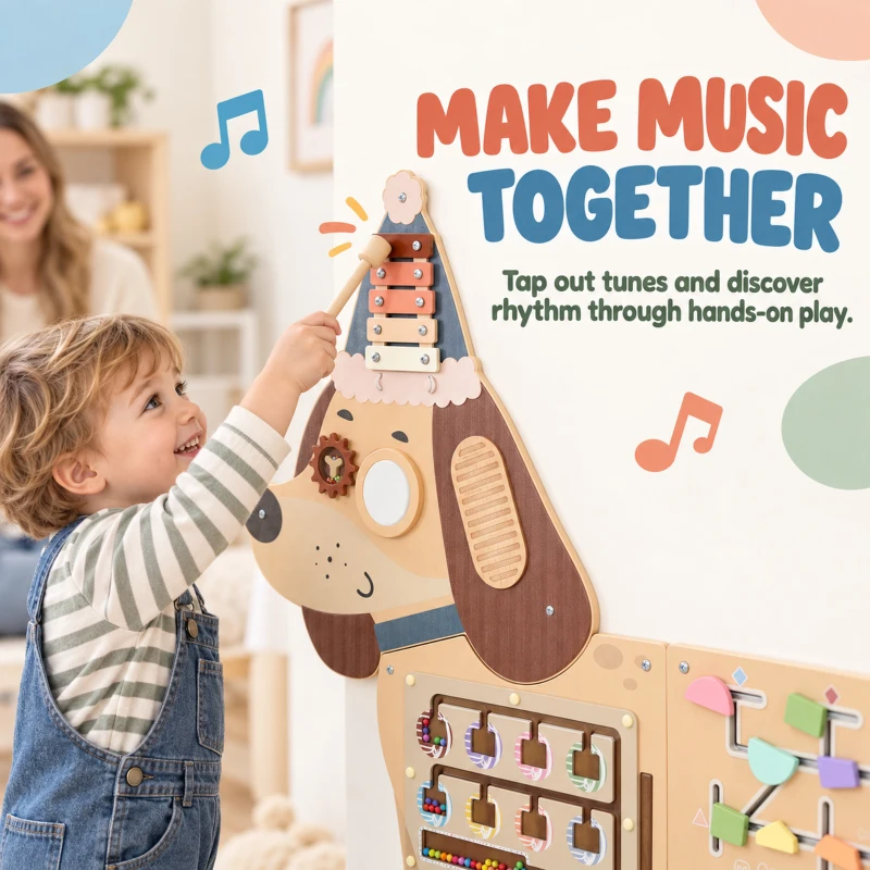 AIYAPLAY Montessori Inspired Busy Board, Wooden Dachshund Sensory Wall Panel for kids Touch, Feel & Learn, Classroom, Playroom