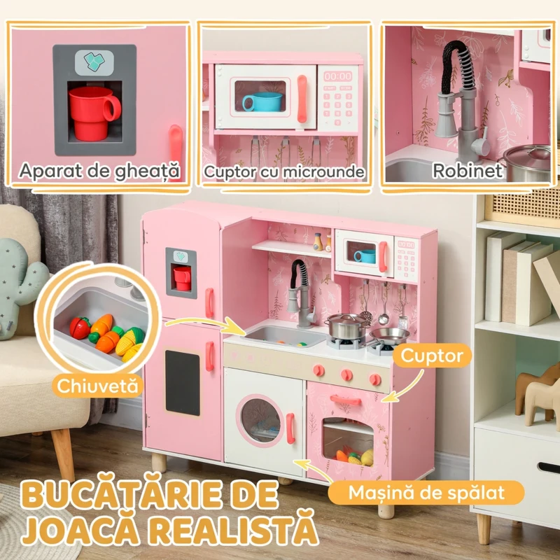 AIYAPLAY Set Bucătărie de Jucărie din Lemn, cu Lumini și Sunete, Roz