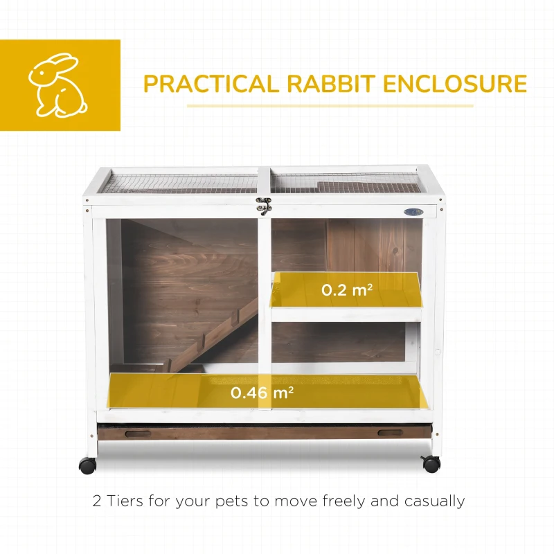 PawHut Wooden Rabbit Hutch, Bunny Cage w/ Tray, Ramp, Openable Roof, Wheels, 91.5 x 53.3 x 73cm - Brown