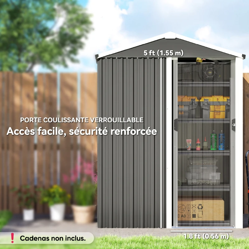 Outsunny Abri de Jardin en Métal 1,2 m², Cabane Jardin Extérieure, Porte Coulissante Verrouillable, 136x87x176cm, Gris Clair