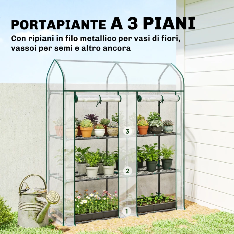 Outsunny Serra da Balcone a 3 Ripiani con 2 Porte Avvolgibile, Serra per Orto con Struttura in Acciaio e Copertura PVC, 143x46x165 cm, Trasparente