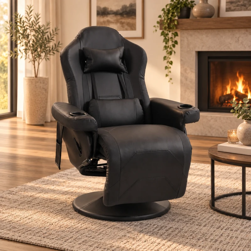 HOMCOM Manual Recliner Armchair PU Leather Lounge Chair w/ Adjustable Leg Rest, 135° Reclining Function, 360° Swivel, Black