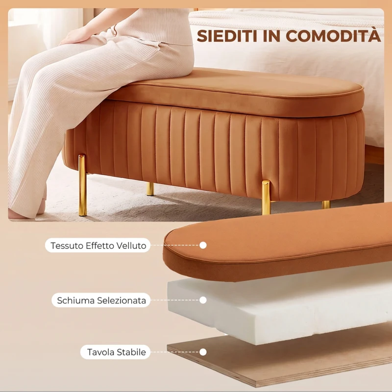 HOMCOM Panca Contenitore Ovale da 72L con Coperchio Sollevabile in Velluto e Legno, 107x42x45.5 cm, Marrone