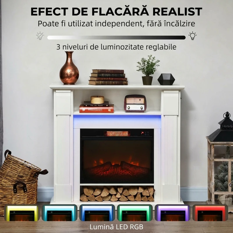 HOMCOM Șemineu Electric 1800W Reglabil cu Flacără 3D, Raft, Timer și Telecomandă, 105x27x97 cm, Alb