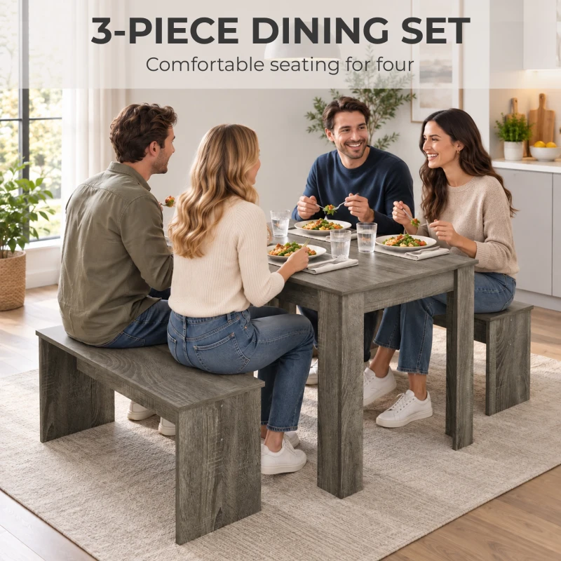 HOMCOM Kitchen Dining Table and 2 Benches Set, Table and Chairs Set for Limited Space, Grey Wood Effect
