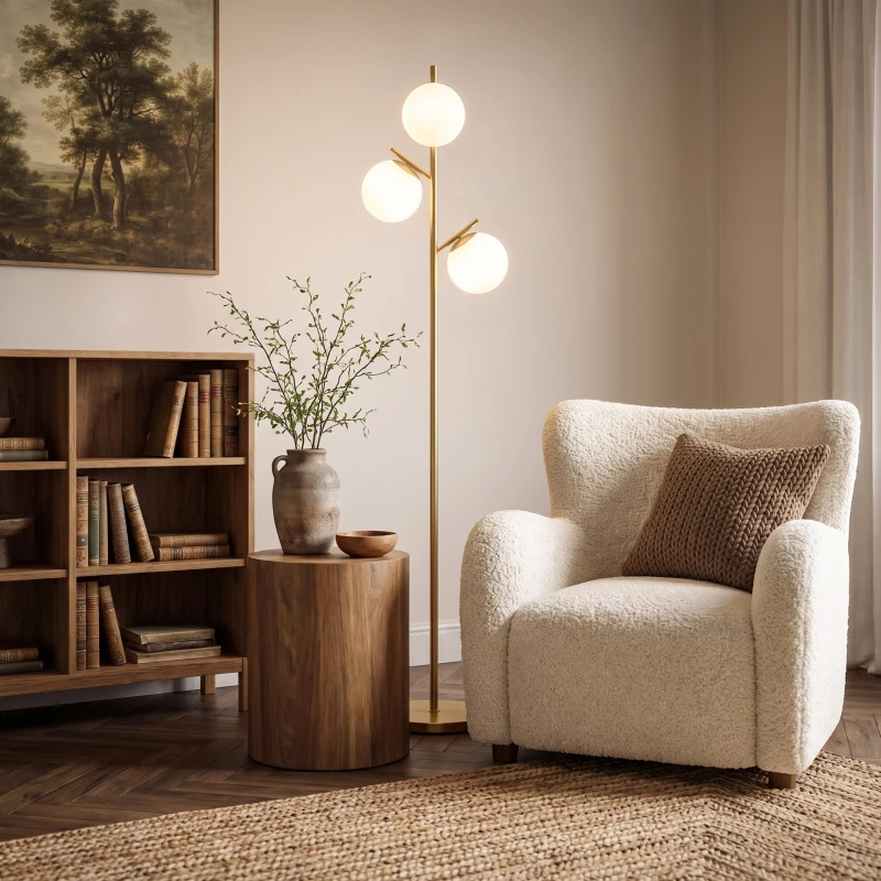 HOMCOM 3-Light Tree Floor Lamps for Living Room, Modern Standing Lamp for Bedroom with Globe Lampshade, Steel Base, Bulb not Included, Gold Tone