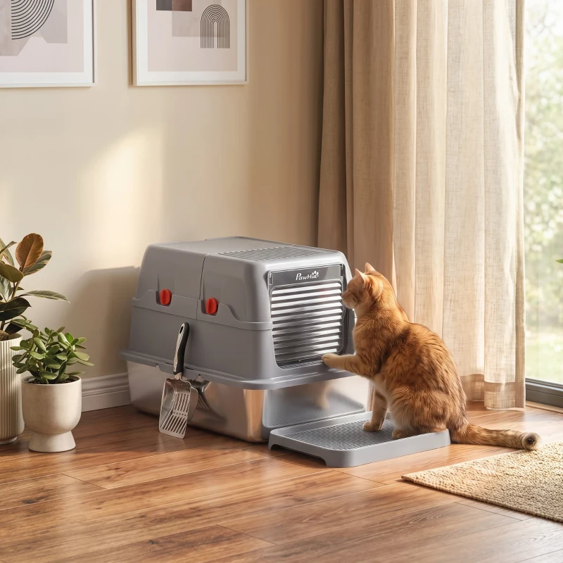 PawHut 3 in 1 Lettiera Gatto Chiusa Grande 49L in Acciaio Inox con Coperchio, Paletta, Pedana, 2 Contenitori, Grigio