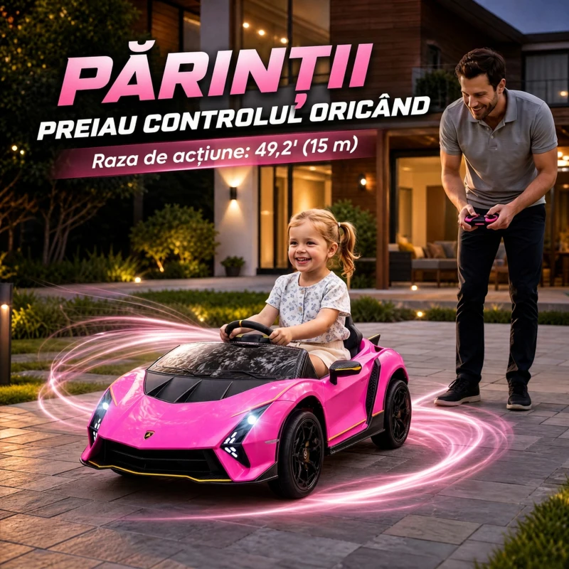 AIYAPLAY Mașină Electrică pentru Copii 3-6 Ani 12V Lamborghini Autentica, 2 Motoare, Uși Tip Foarfecă, Suspensii, Roz