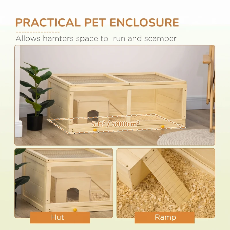 PawHut Wooden Hamster Cage with Sliding Tray, Openable Top, Hut for Syrian Hamster, Natural Wood Finish