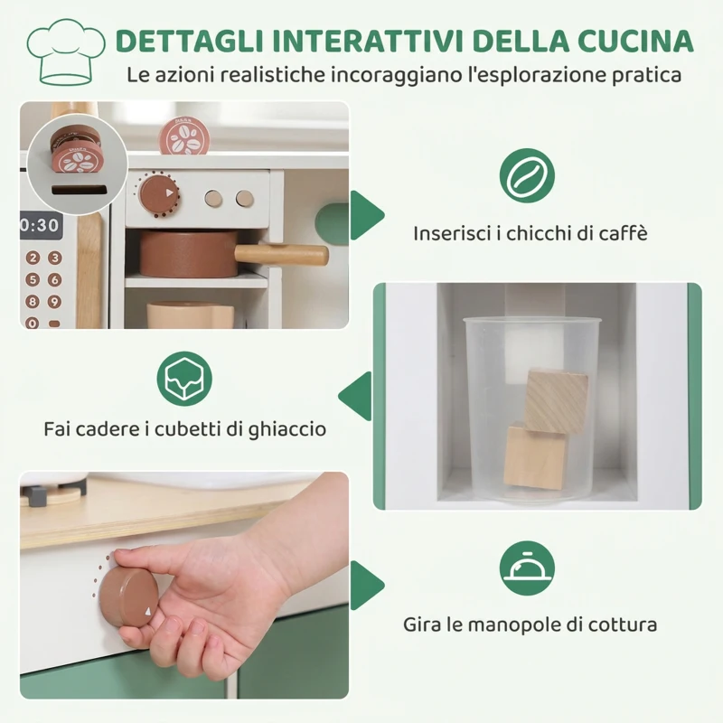 AIYAPLAY Cucina Giocattolo per Bambini in Legno con Accessori, Fornelli, Macchina del Caffè, Armadietto, 3-6 Anni, Verde