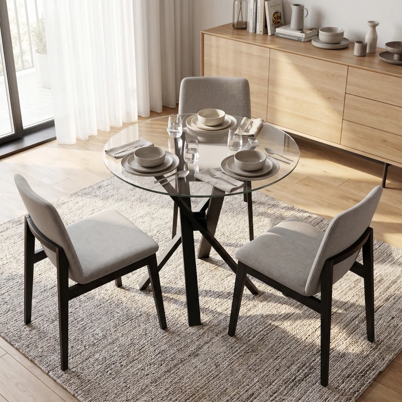 HOMCOM Mesa de Comedor Redonda para 4 Personas Ø80 cm Tablero de Vidrio Templado Patas Cruzadas de Acero Transparente