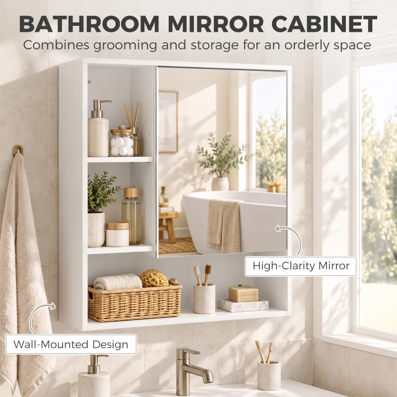HOMCOM Bathroom Mirror Cabinet, Wall-Mounted Bathroom Cabinet with Mirror Door, Adjustable Shelves, White