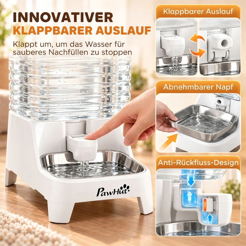 PawHut Automatischer Haustier-Wasserspender, 8 l Schwerkraft-Wasserspender mit patentiertem Auslauf, Edelstahlnapf, Weiß