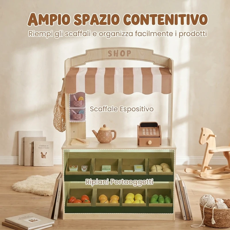 AIYAPLAY Negozio Giocattolo per Bambini in Legno, Bancarella con Alimenti, Lavagna, 61 Accessori, 3-8 Anni, Color Legno