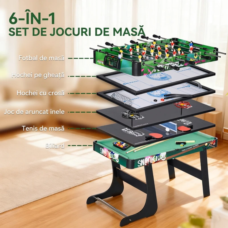 HOMCOM Masă de Joc 6 în 1 cu Fotbal de Masă, Biliard, Air Hockey, Ping Pong, Inele și Hochei pe Iarbă, 118x104x71 cm