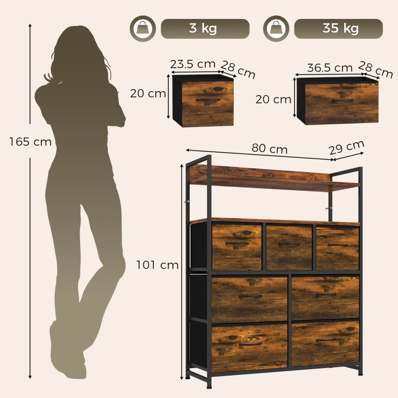 HOMCOM Chest of Drawers, Bedroom Fabric Dresser with 7 Drawers, Storage Organiser Unit with Open Shelves, Rustic Brown